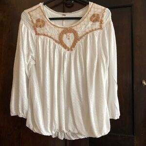 Free people womens small top embroidered elastic waist ivory cream boho
